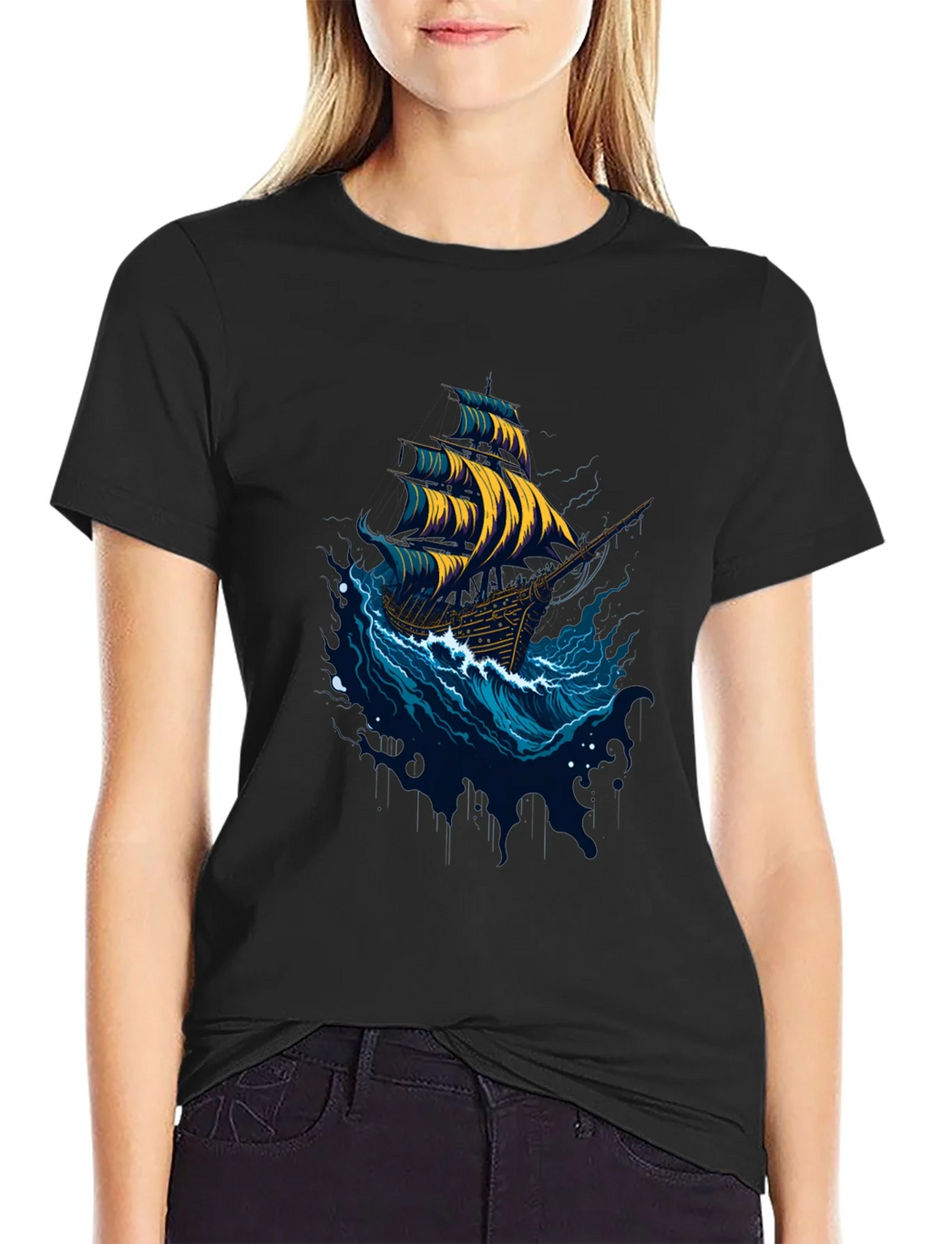 Nautical Ship Graphic Tee - Black Cotton T-Shirt product image 2