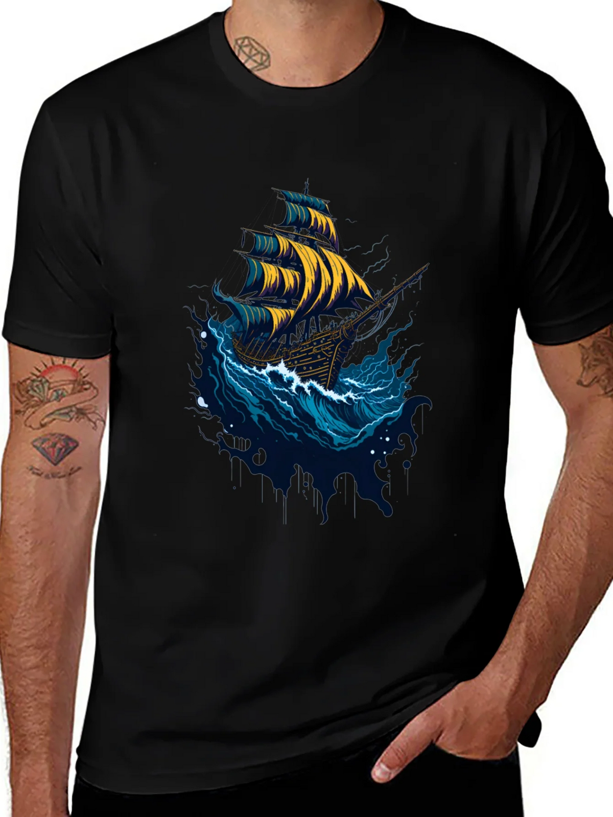Nautical Ship Graphic Tee - Black Cotton T-Shirt product image 1