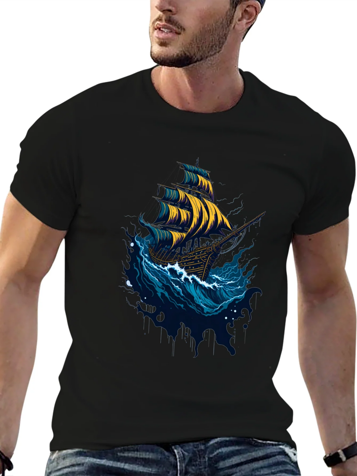 Nautical Ship Graphic Tee - Black Cotton T-Shirt product image 5