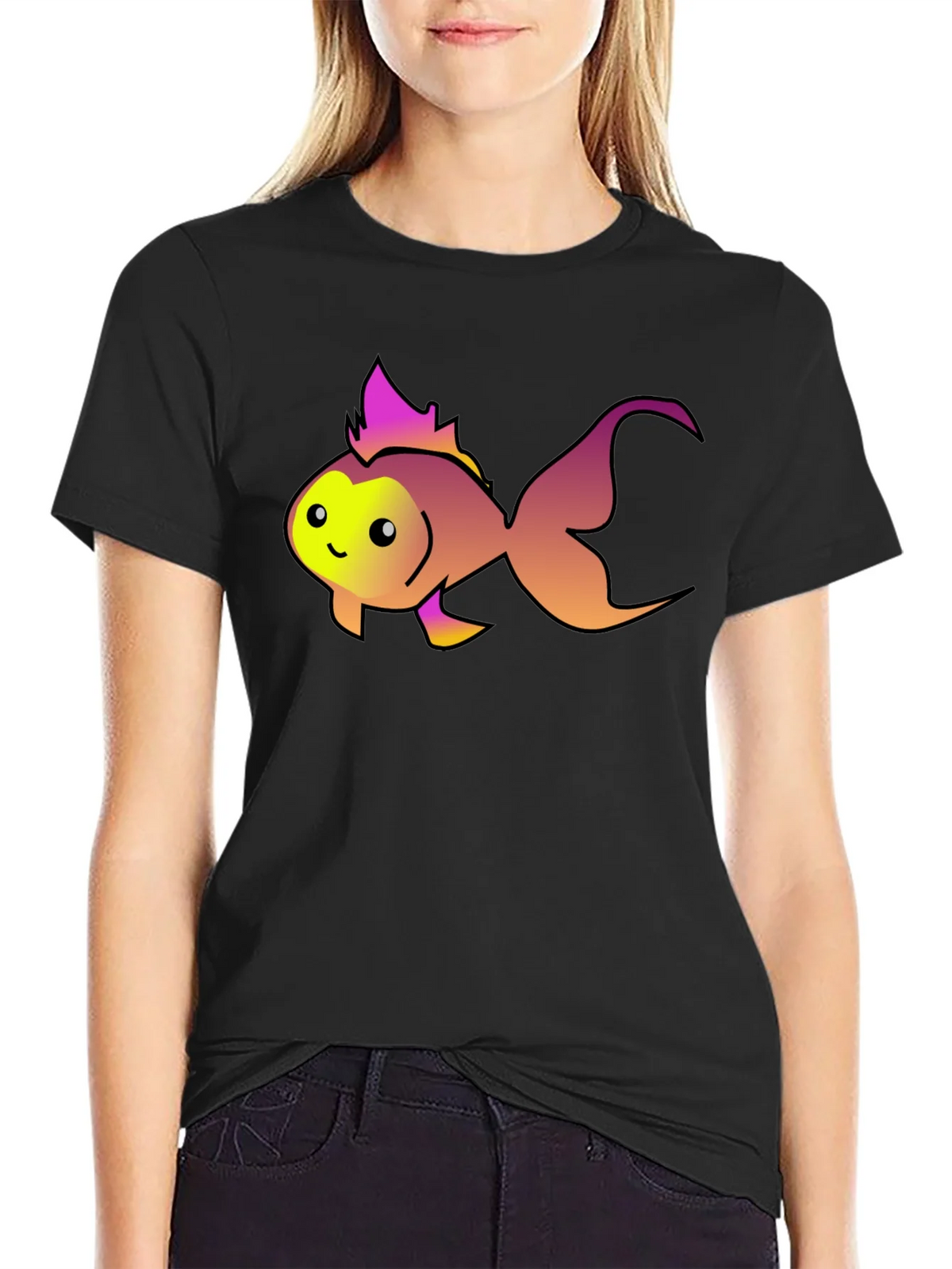 Cute Fish Graphic Tee - Black Cotton T-Shirt product image 2