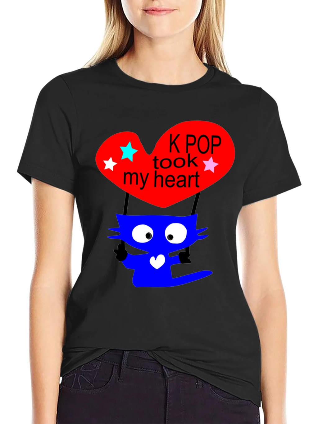 K-Pop Cat Heart Graphic Tee - Trendy Black T-Shirt product image 2