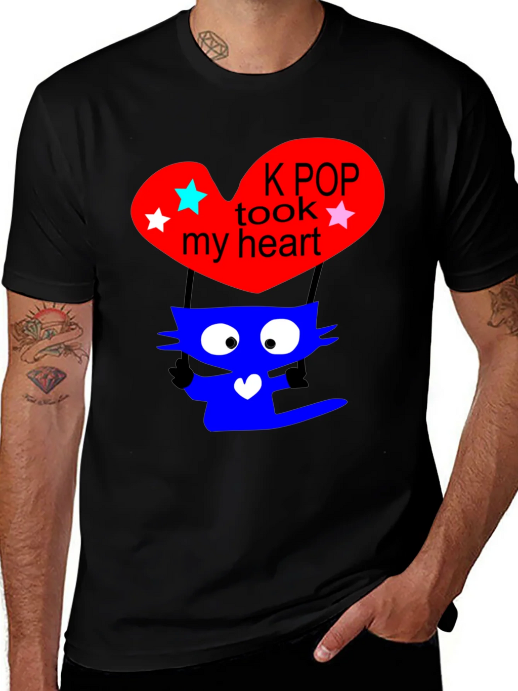 K-Pop Cat Heart Graphic Tee - Trendy Black T-Shirt product image 1