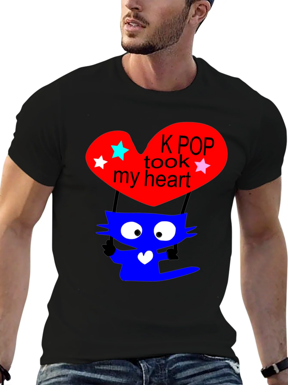 K-Pop Cat Heart Graphic Tee - Trendy Black T-Shirt product image 6
