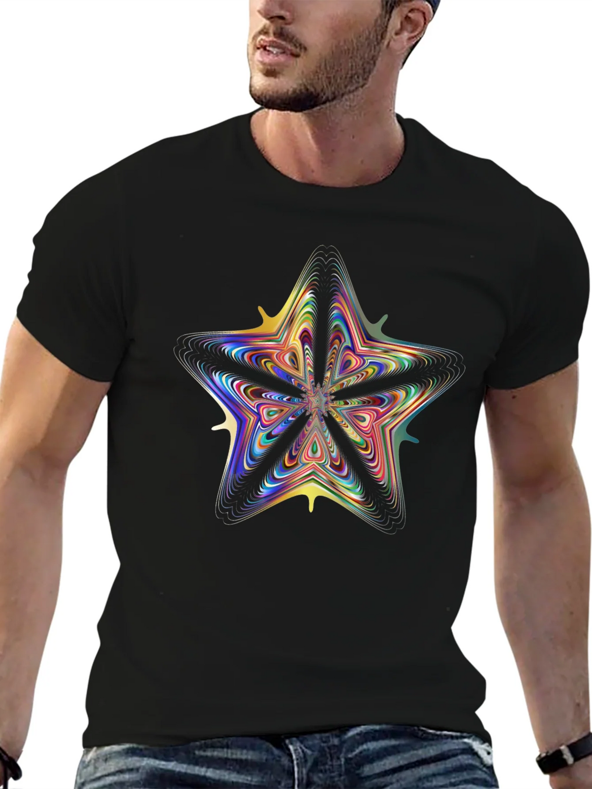 Vivid Fractal Star Graphic Tee - Black Cotton Comfort product image 6