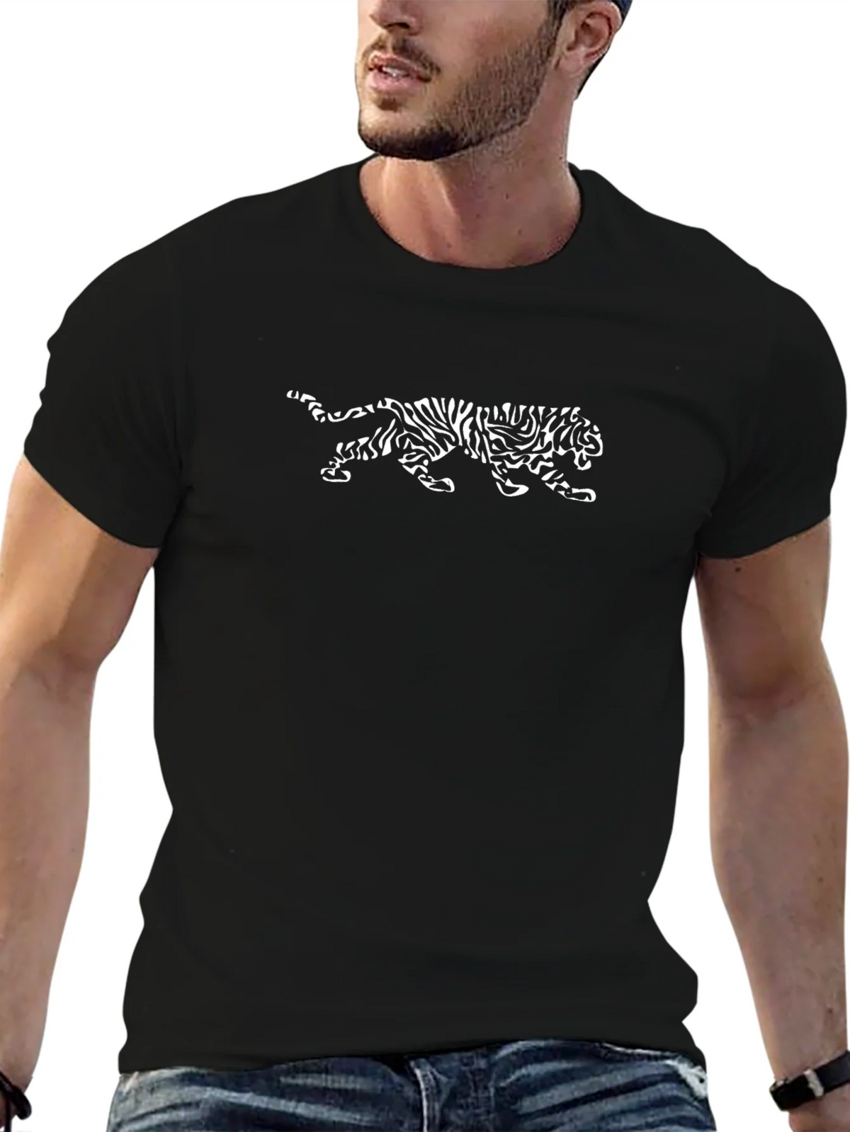 Bold Black T-Shirt with White Tiger Graphic Print product image 3