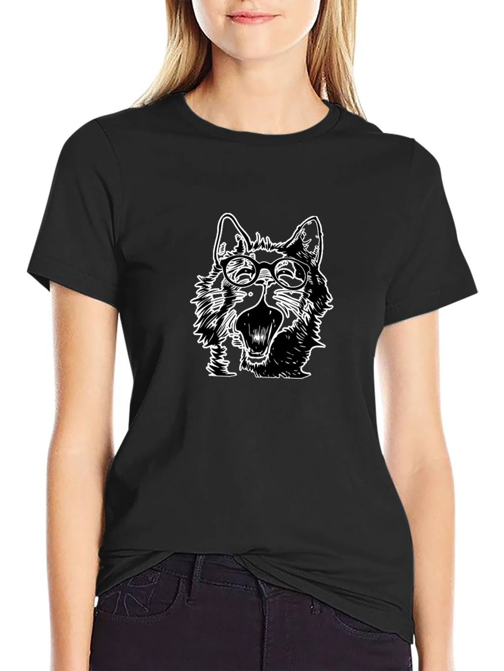 Wolf with Glasses Graphic Tee - Black Cotton product image 2