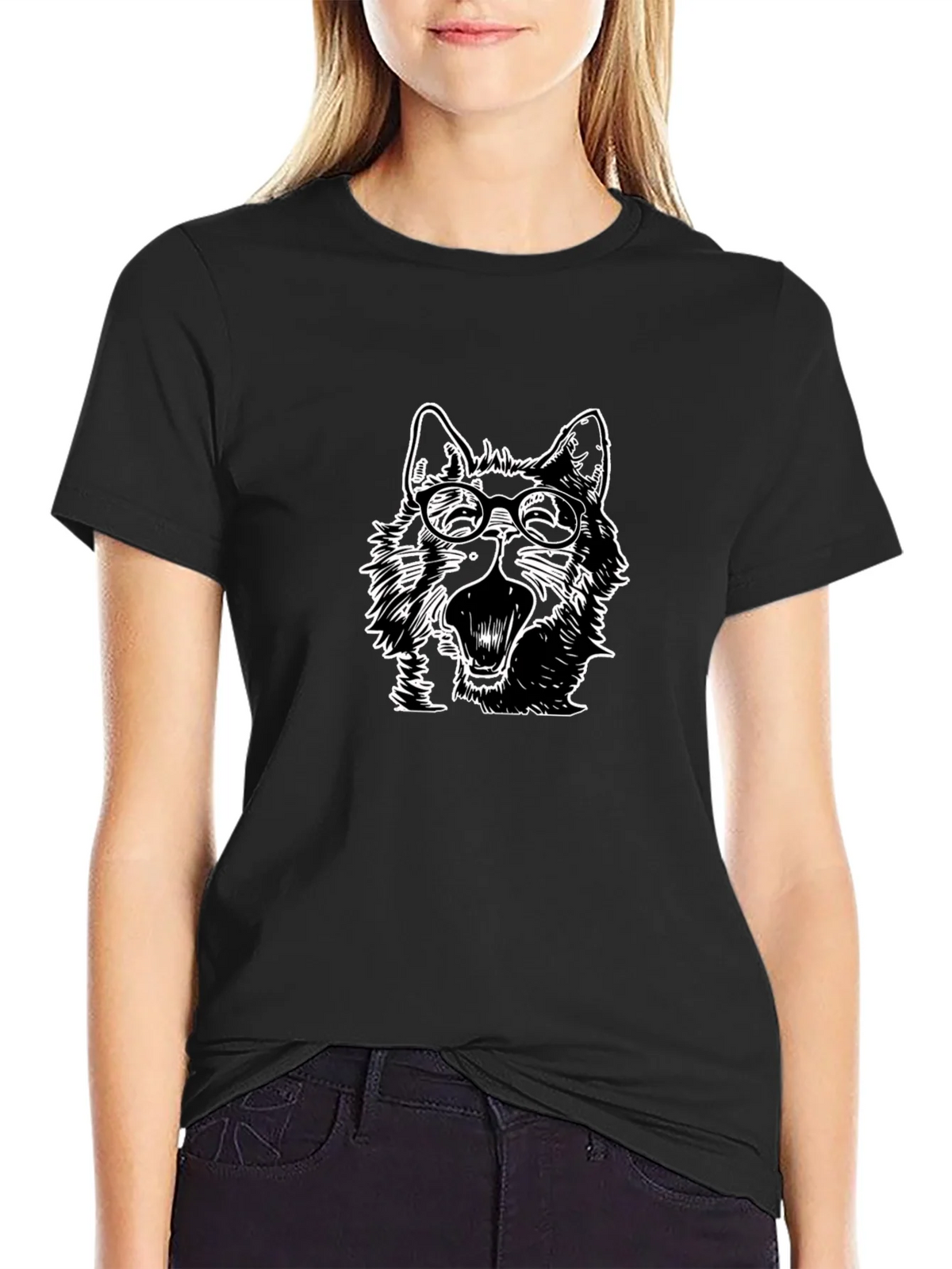 Wolf with Glasses Graphic Tee - Black Cotton product image 2