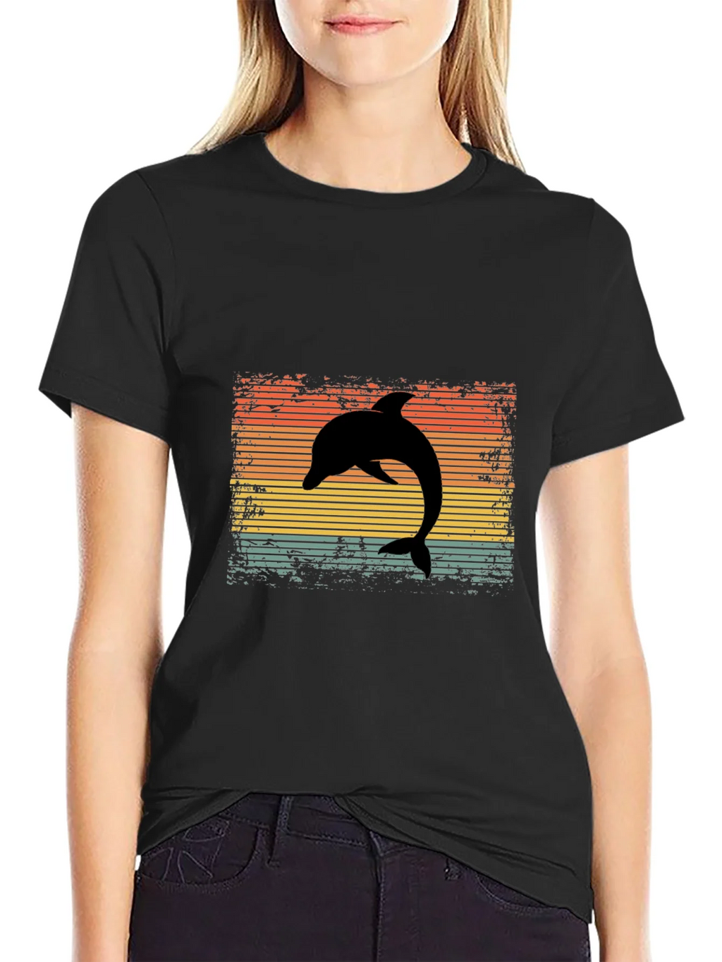 Retro Dolphin Graphic Tee - Black Cotton T-Shirt product image 2