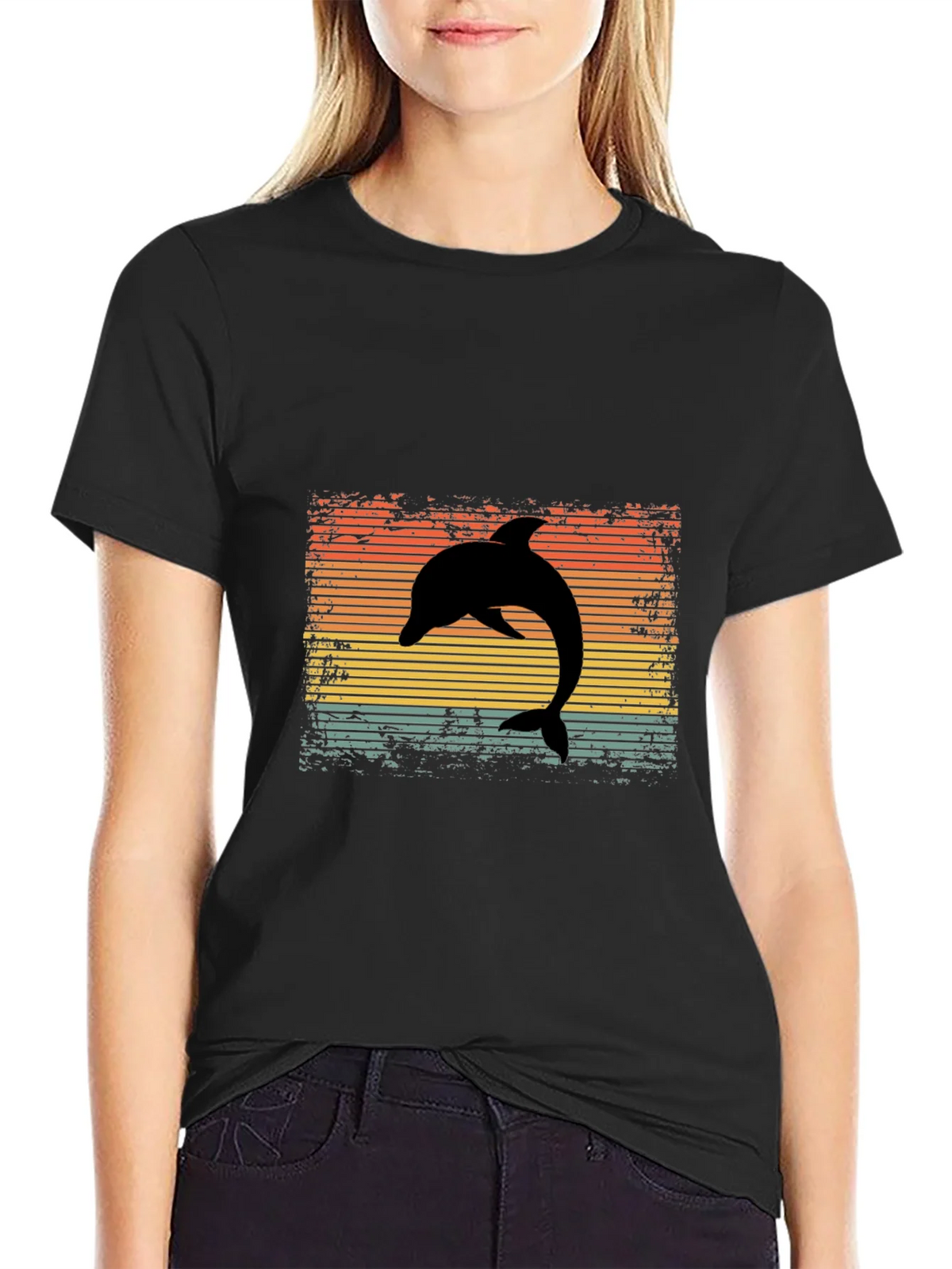 Retro Dolphin Graphic Tee - Black Cotton T-Shirt product image 2