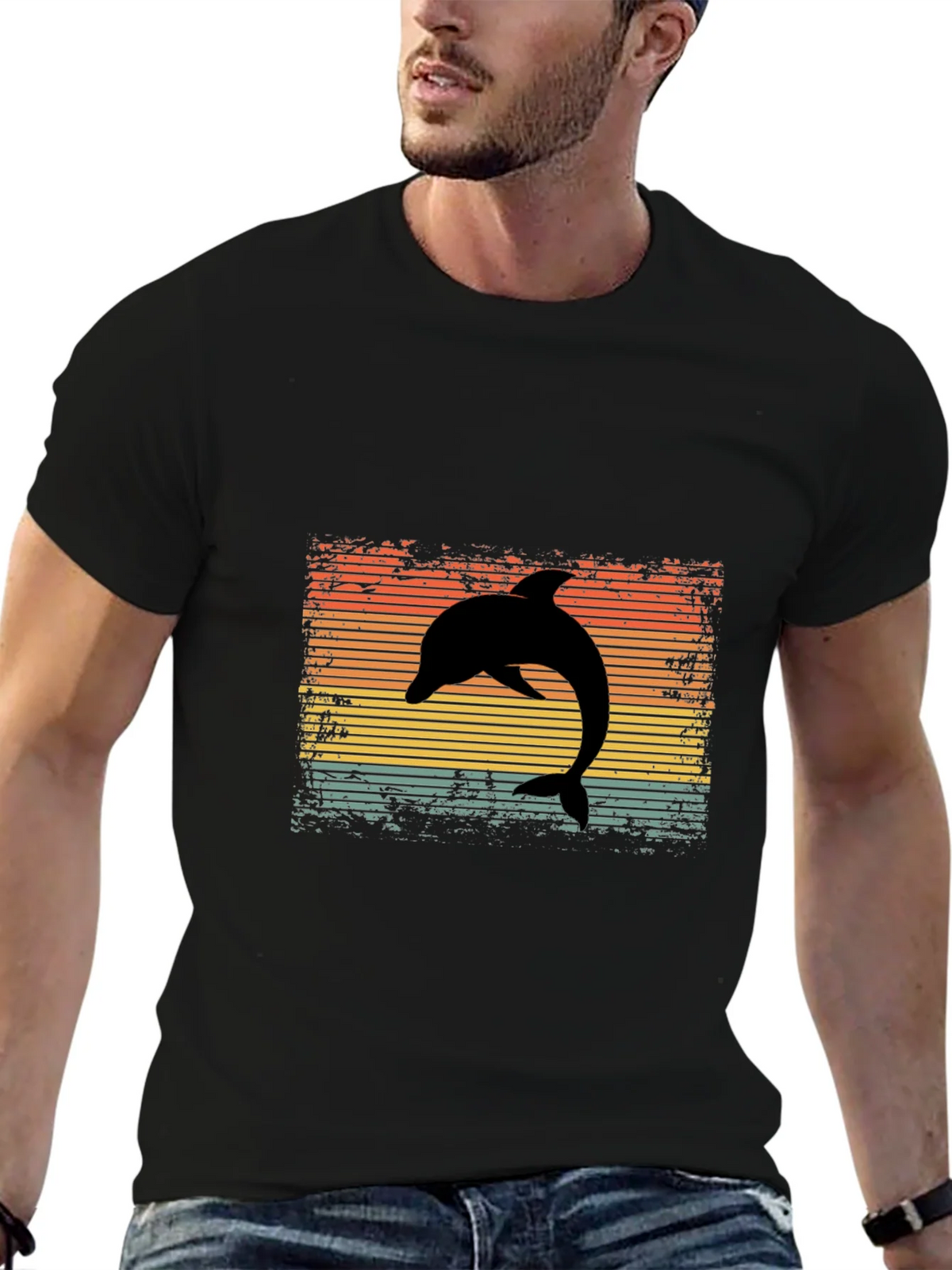 Retro Dolphin Graphic Tee - Black Cotton T-Shirt product image 6