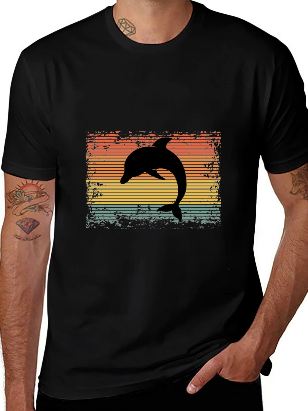 Retro Dolphin Graphic Tee - Black Cotton T-Shirt product image 1