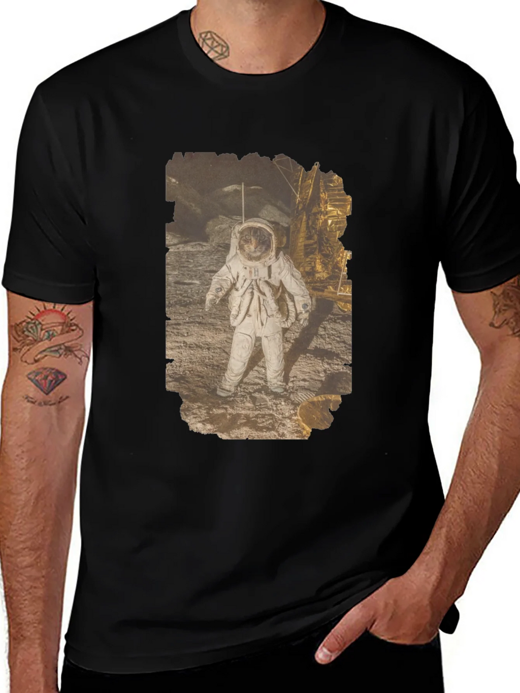 Astronaut Cat Graphic Print Black T-Shirt product image 1