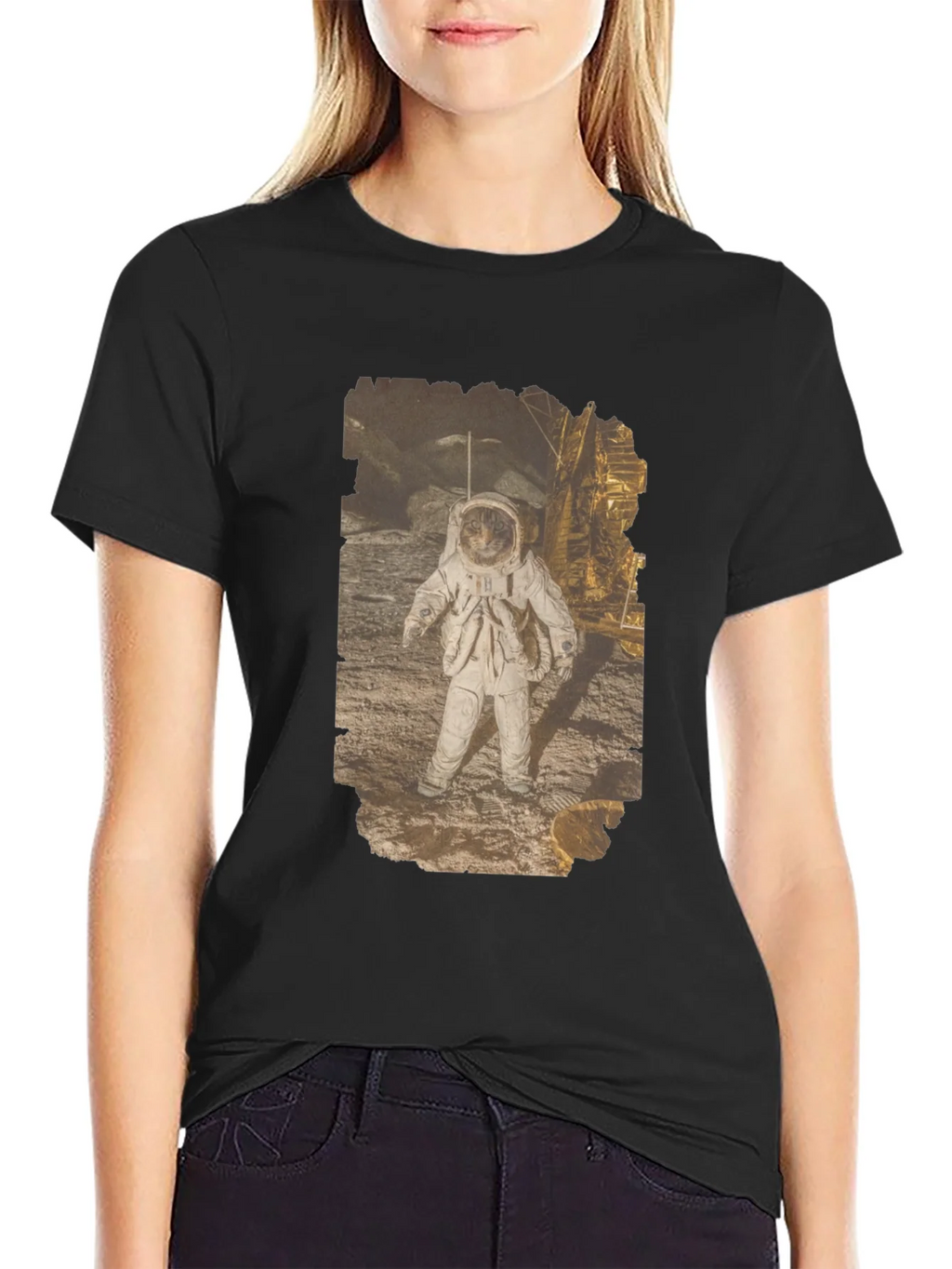 Astronaut Cat Graphic Print Black T-Shirt product image 2