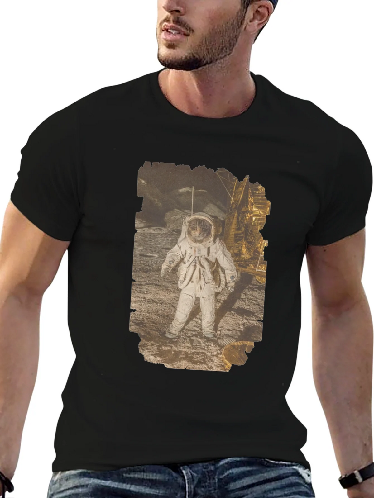 Astronaut Cat Graphic Print Black T-Shirt product image 6