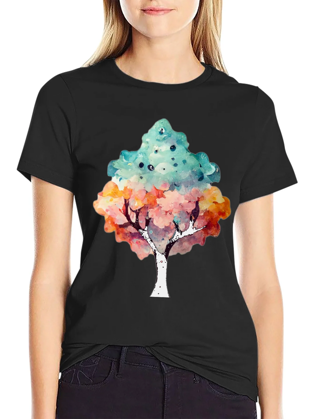 Watercolor Tree Print Black T-Shirt product image 2