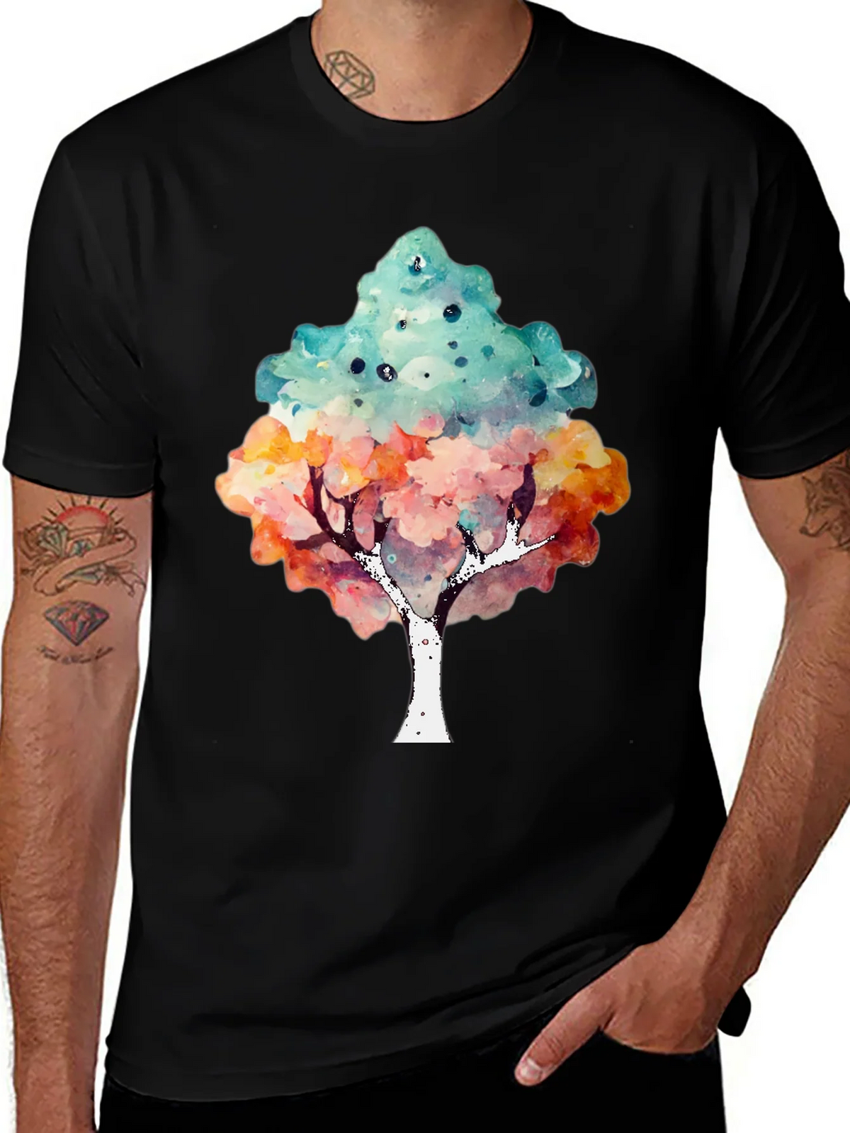 Watercolor Tree Print Black T-Shirt product image 1
