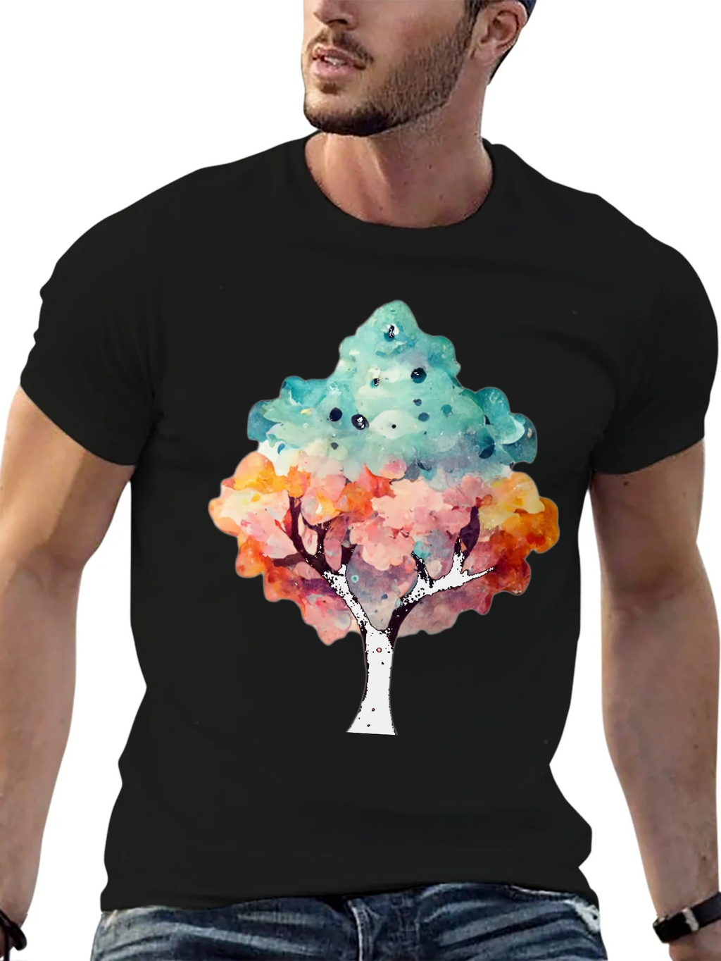 Watercolor Tree Print Black T-Shirt product image 6