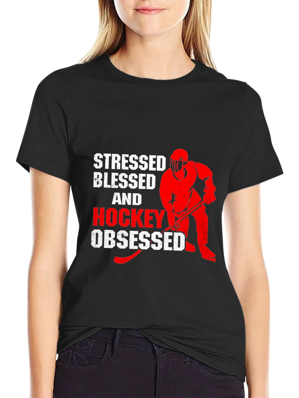 Stressed Blessed & Hockey Obsessed Black T-Shirt product image 2