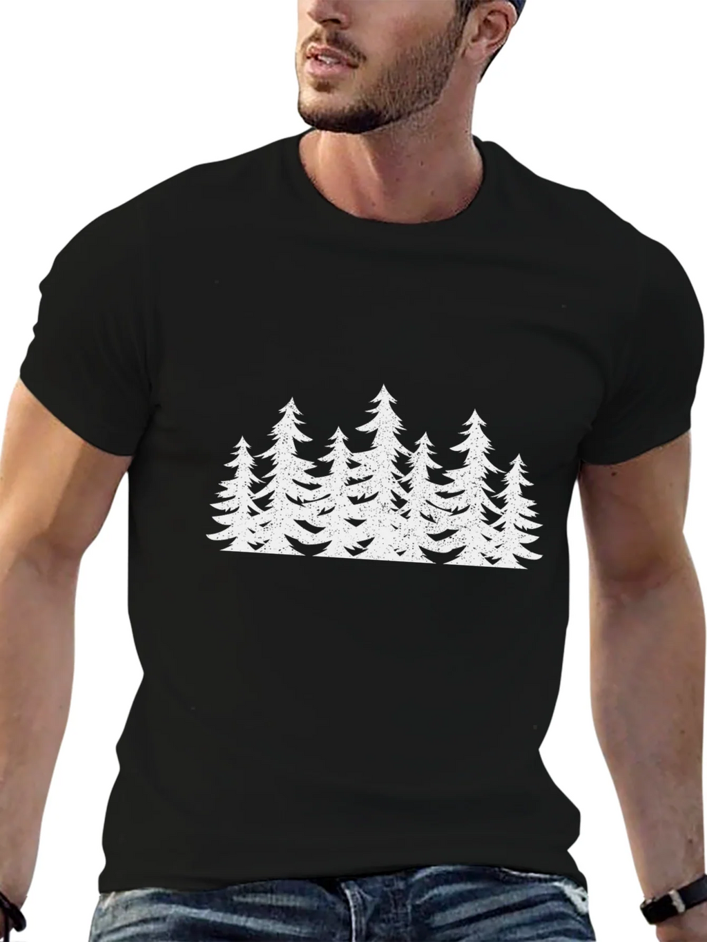 Mens Black T-Shirt with White Forest Tree Design product image 6