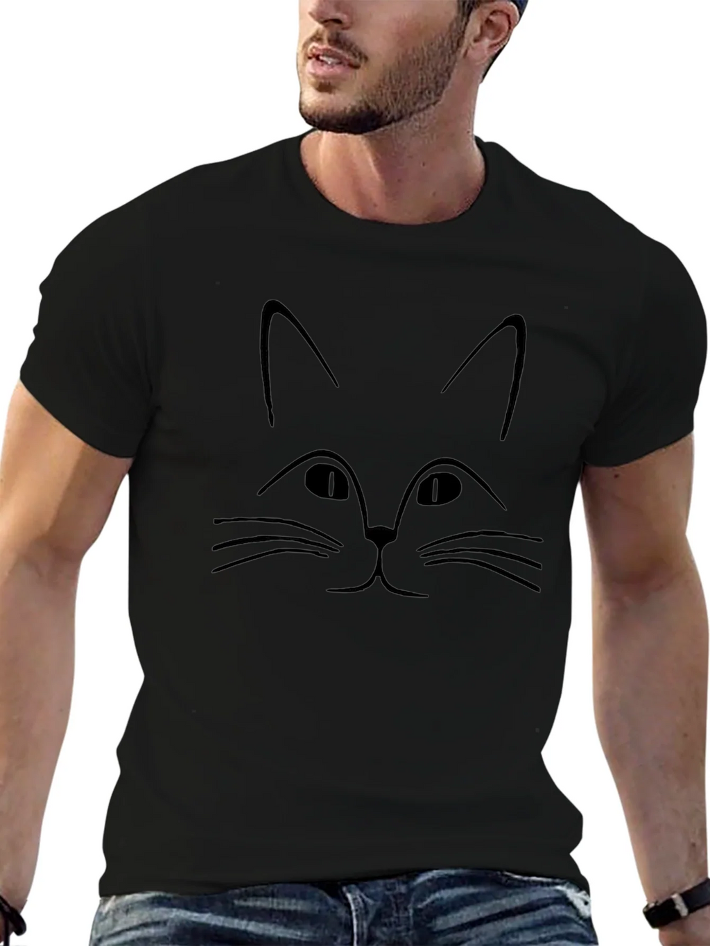 Minimalist Cat Face Graphic Black T-Shirt product image 6
