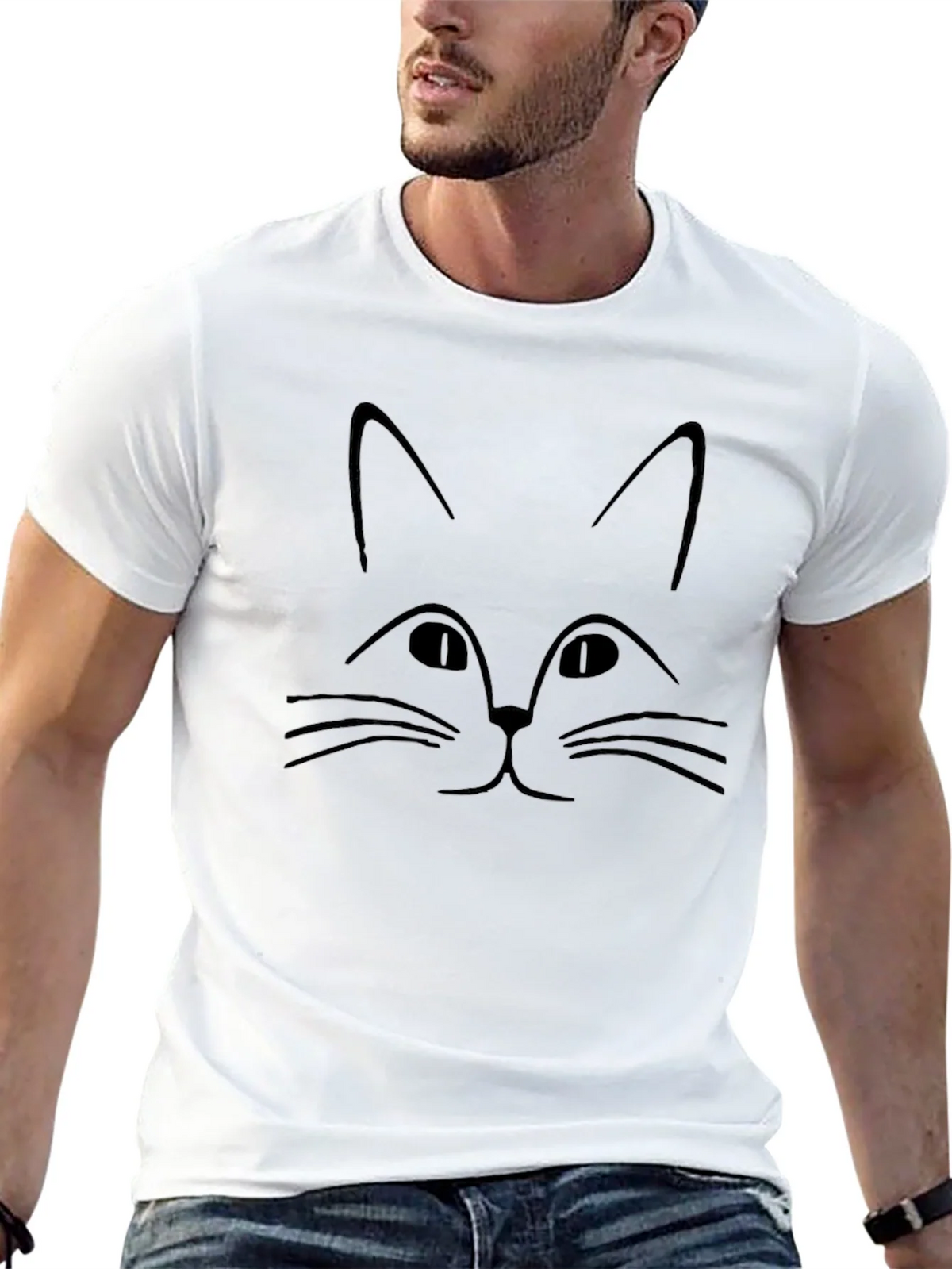 Minimalist Cat Face Graphic Black T-Shirt product image 12