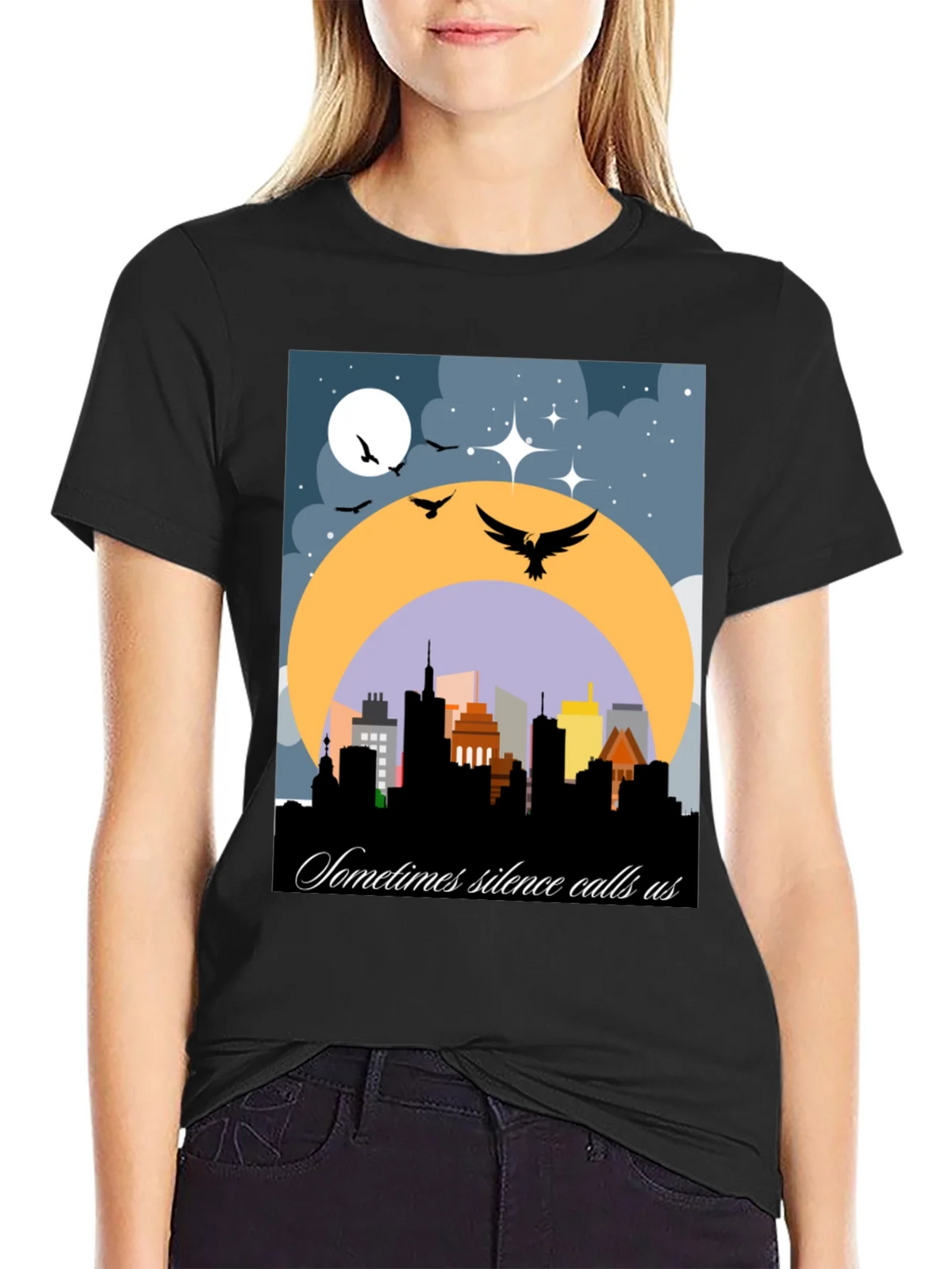 Night Cityscape Graphic Tee - Sometimes Silence Calls Us product image 2
