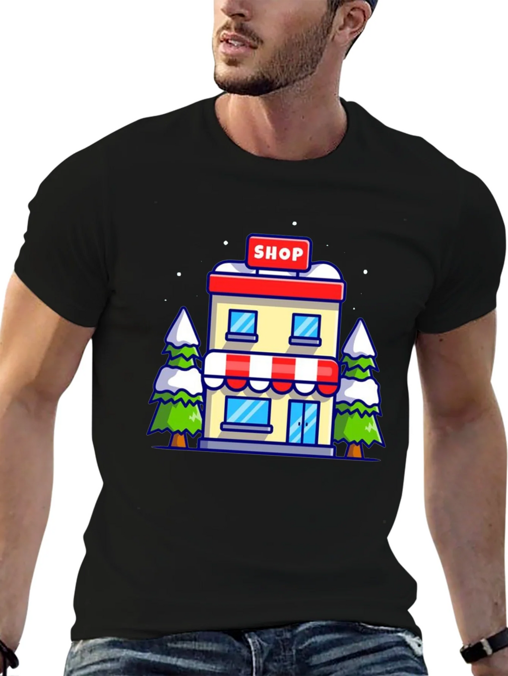 Cartoon Shop Graphic Tee - Black Cotton T-Shirt product image 6