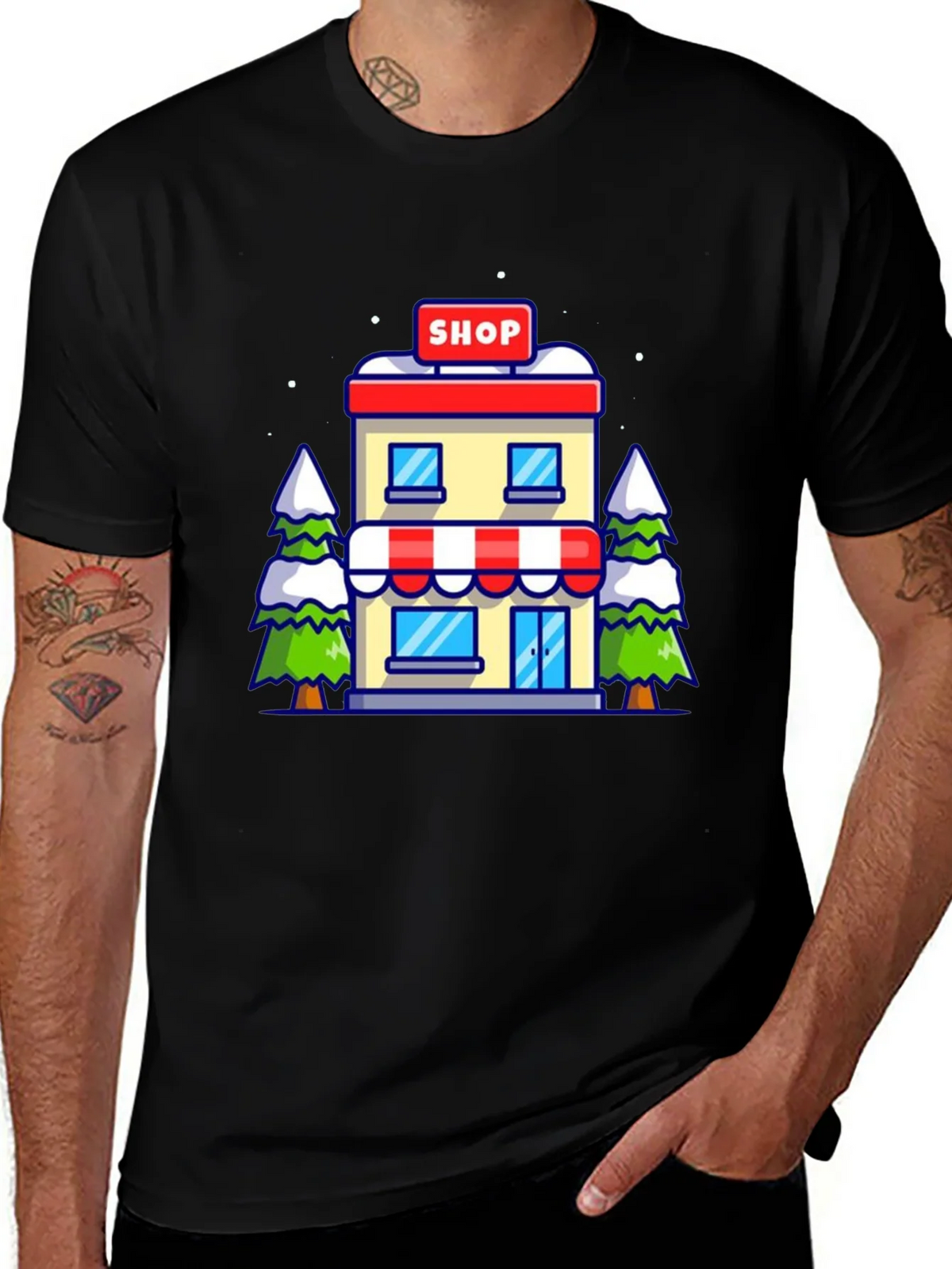 Cartoon Shop Graphic Tee - Black Cotton T-Shirt product image 1