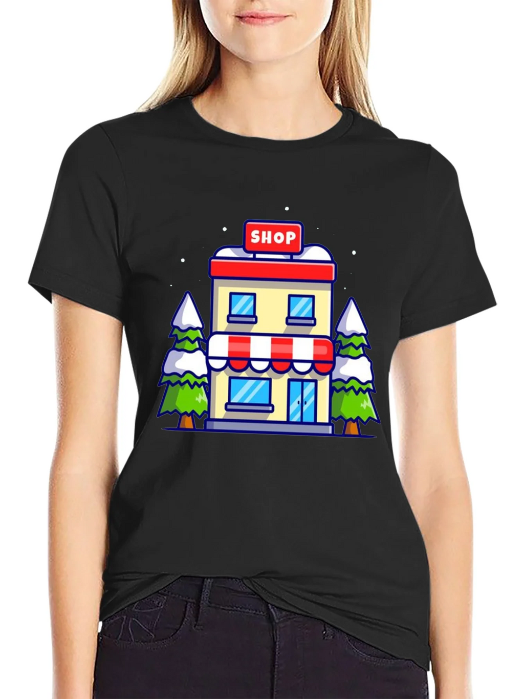 Cartoon Shop Graphic Tee - Black Cotton T-Shirt product image 2