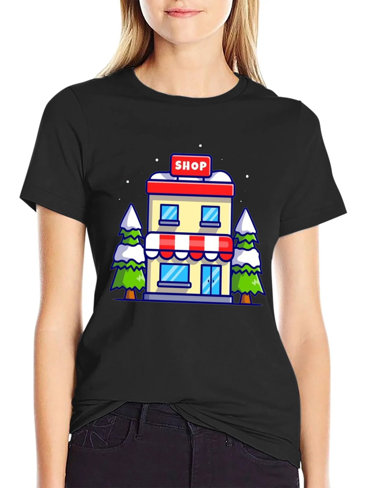 Cartoon Shop Graphic Tee - Black Cotton T-Shirt product image 2