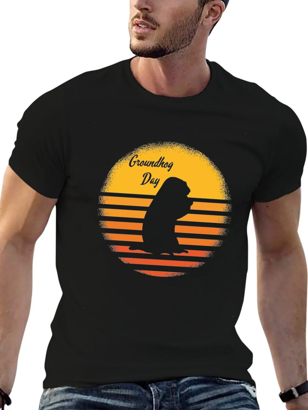 Groundhog Day Retro Sunset Black T-Shirt product image 6