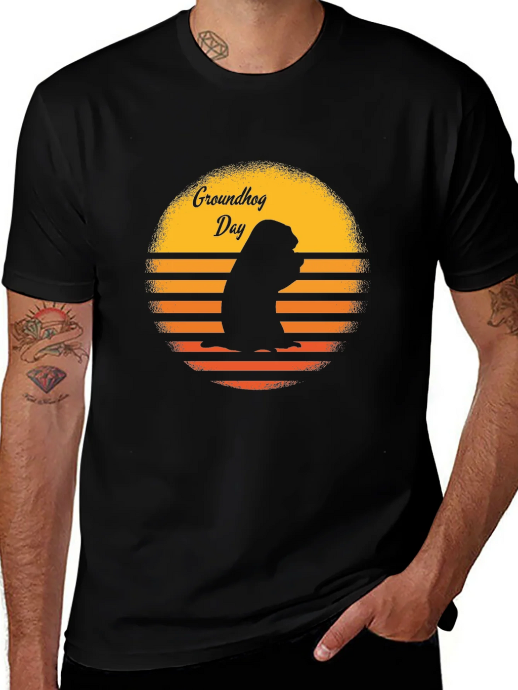 Groundhog Day Retro Sunset Black T-Shirt product image 1