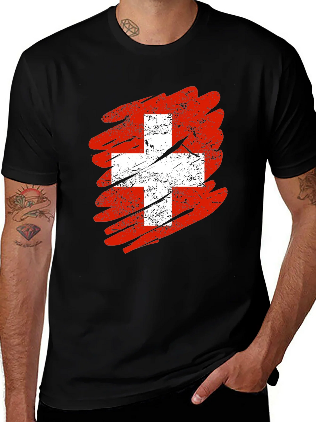 Distressed Swiss Flag Graphic Tee - Mens Black T-Shirt product image 1