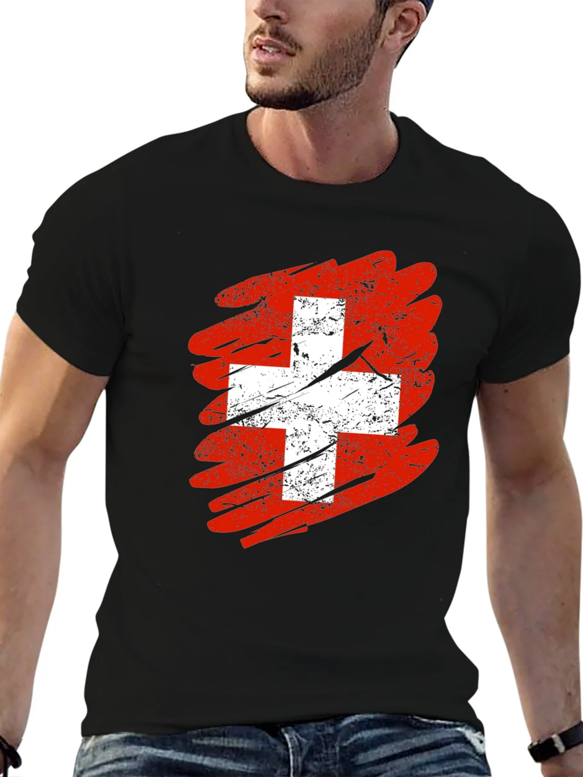 Distressed Swiss Flag Graphic Tee - Mens Black T-Shirt product image 6