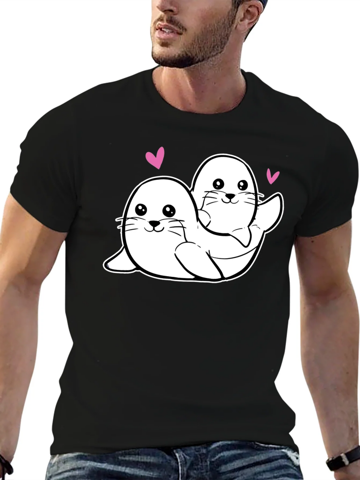 Cute Seal Couple Black T-Shirt product image 6