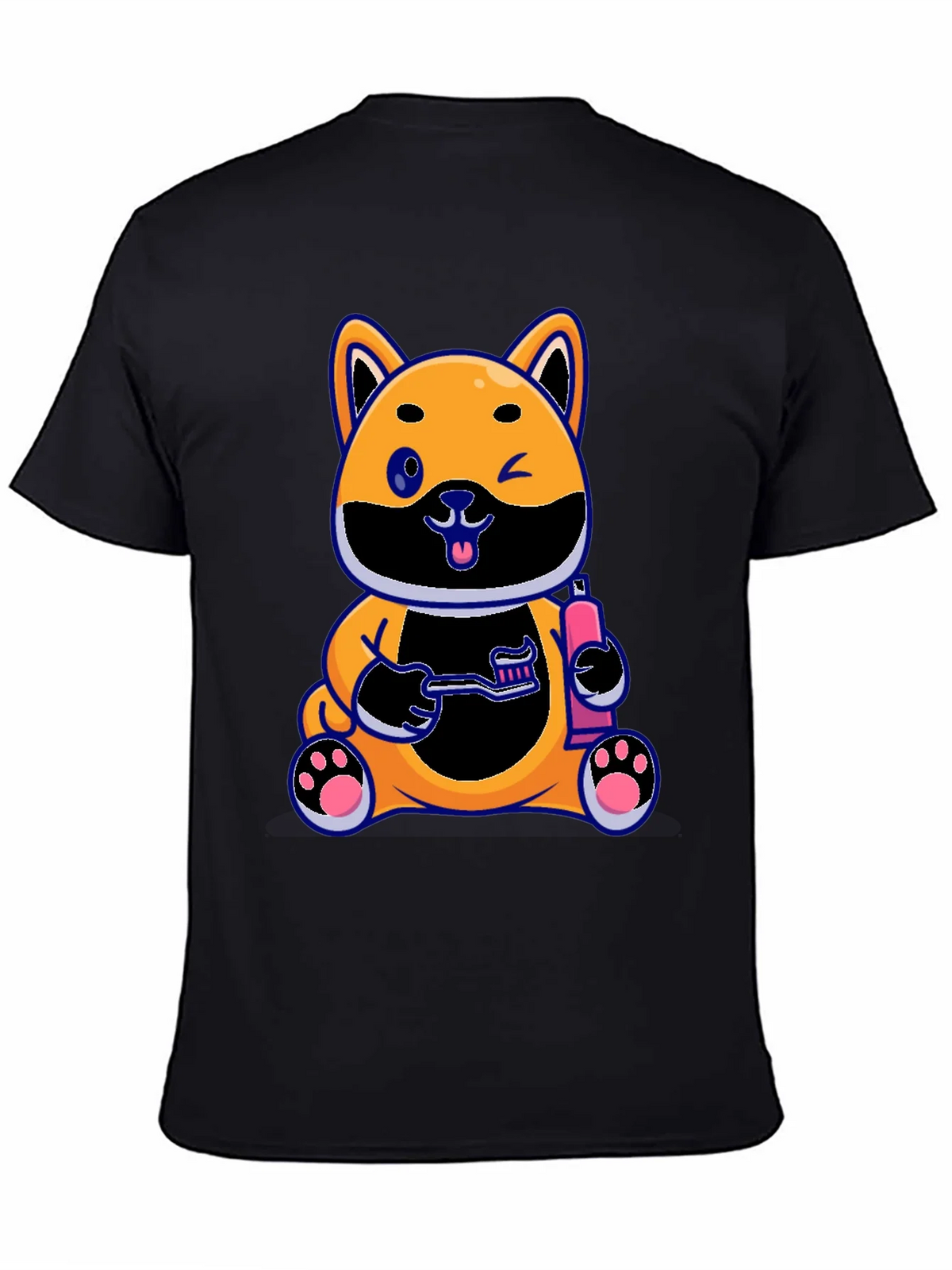 Cute Dog with Toothbrush Graphic Black T-Shirt product image 4