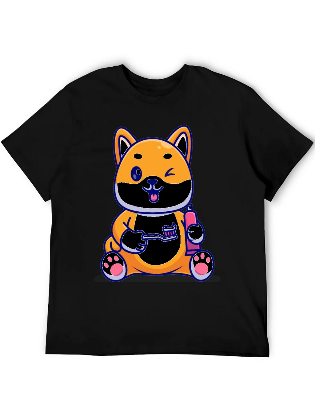 Cute Dog with Toothbrush Graphic Black T-Shirt product image 5