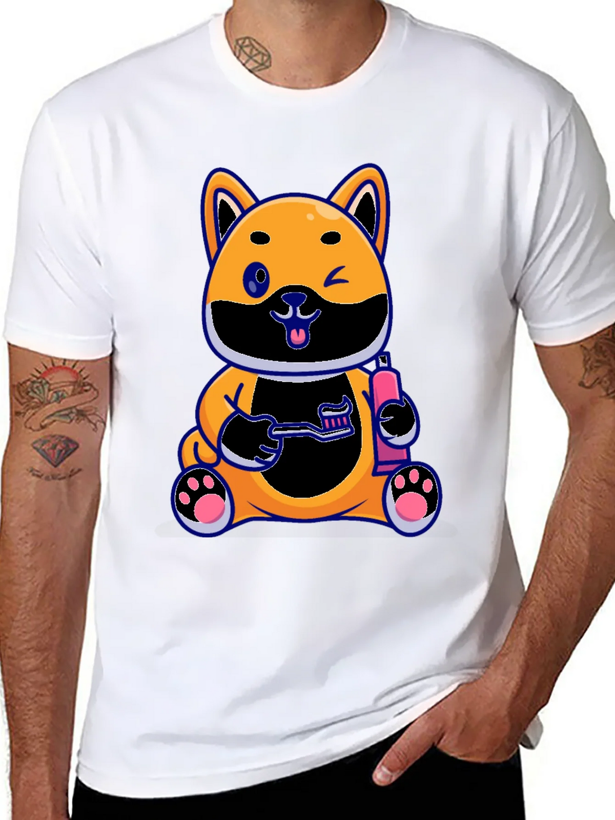 Cute Dog with Toothbrush Graphic Black T-Shirt product image 7