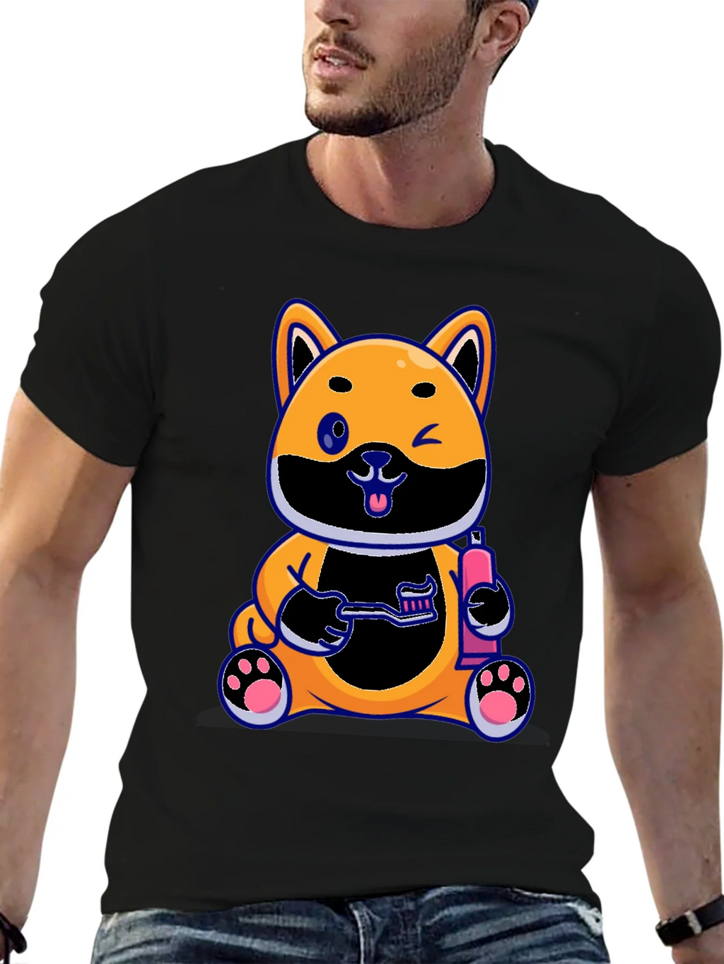 Cute Dog with Toothbrush Graphic Black T-Shirt product image 6