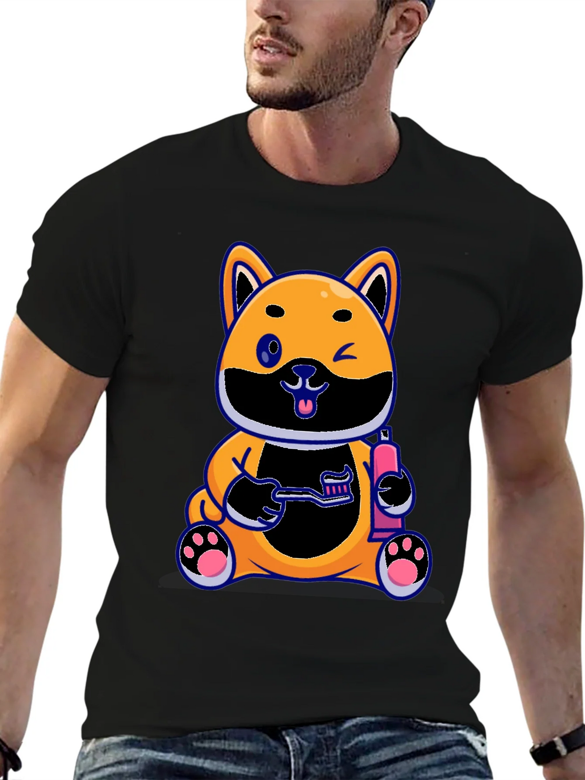 Cute Dog with Toothbrush Graphic Black T-Shirt product image 6