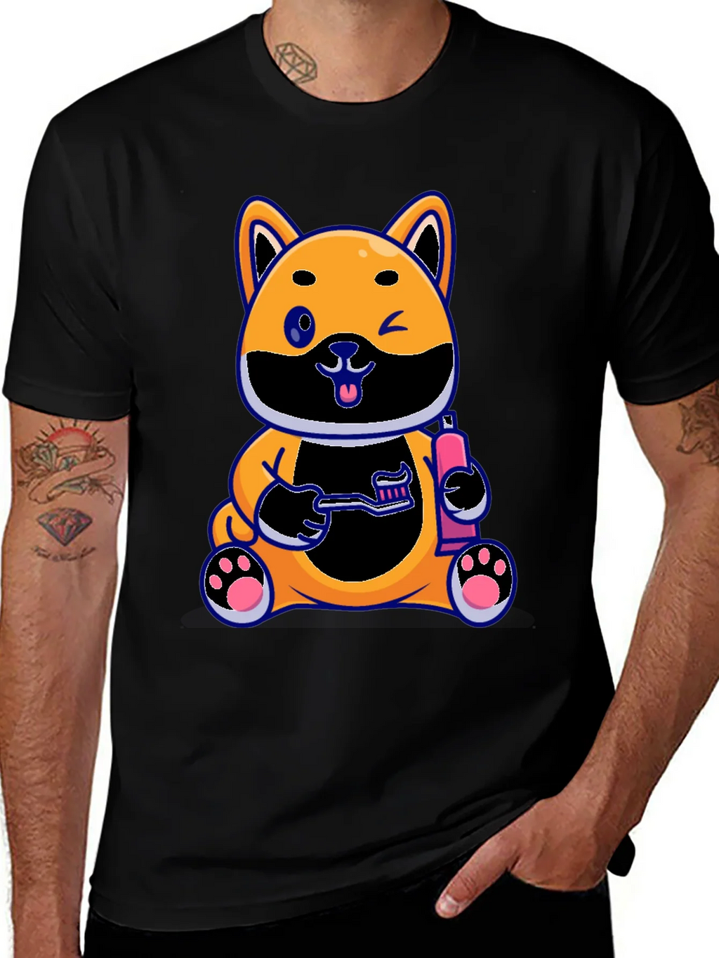 Cute Dog with Toothbrush Graphic Black T-Shirt product image 1
