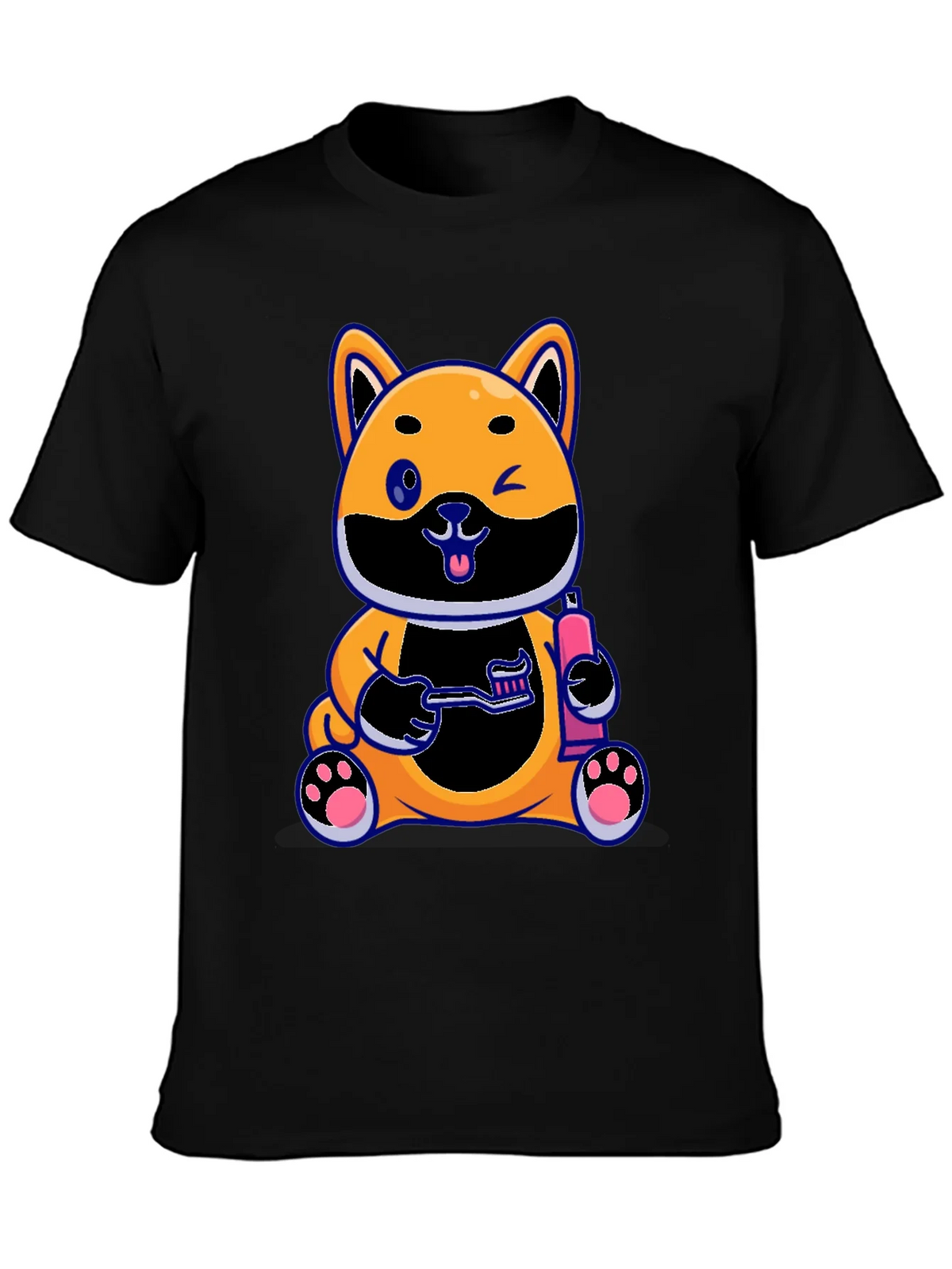 Cute Dog with Toothbrush Graphic Black T-Shirt product image 3