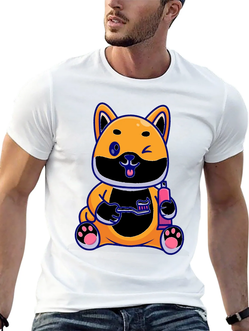 Cute Dog with Toothbrush Graphic Black T-Shirt product image 12