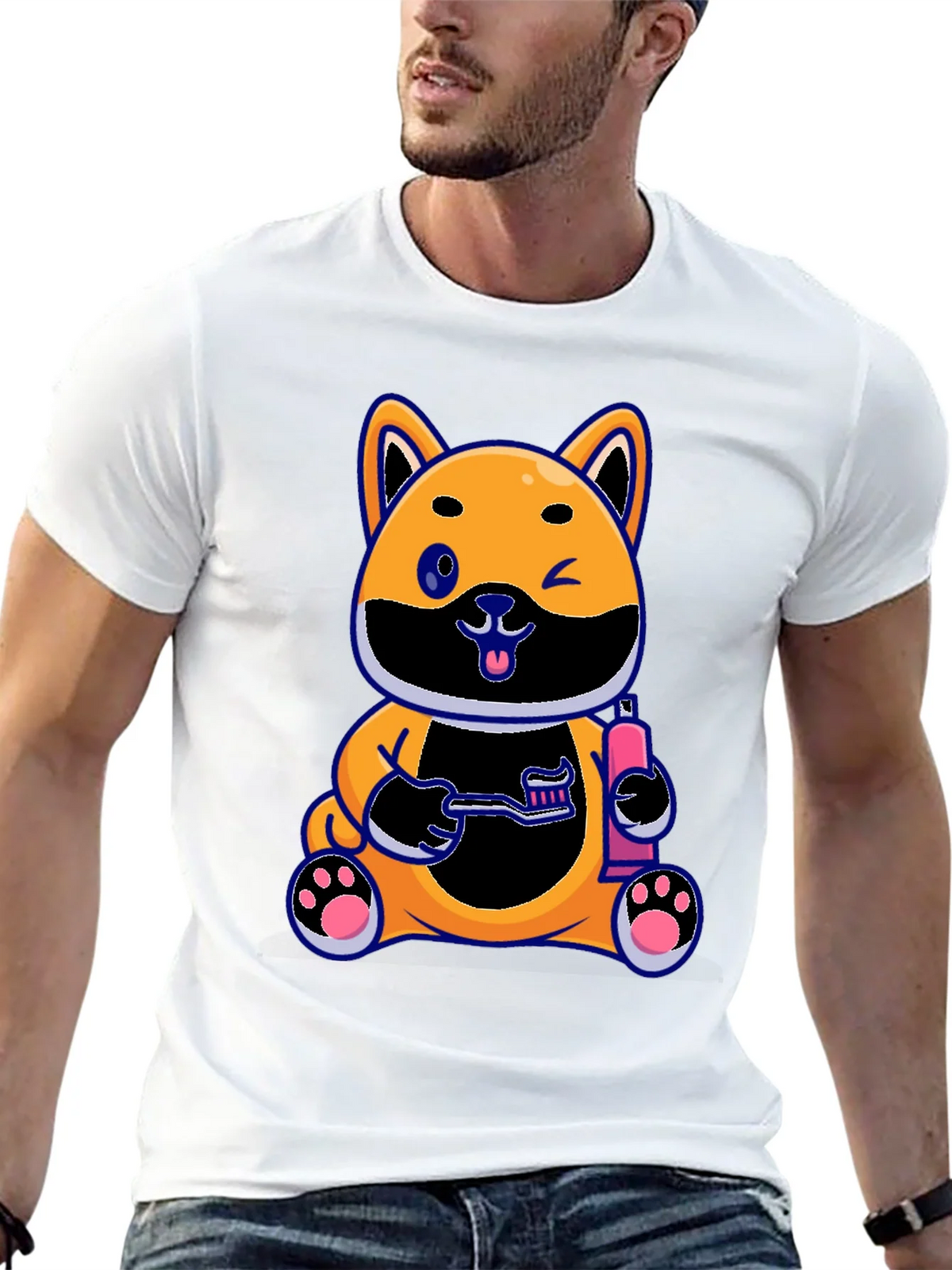 Cute Dog with Toothbrush Graphic Black T-Shirt product image 12
