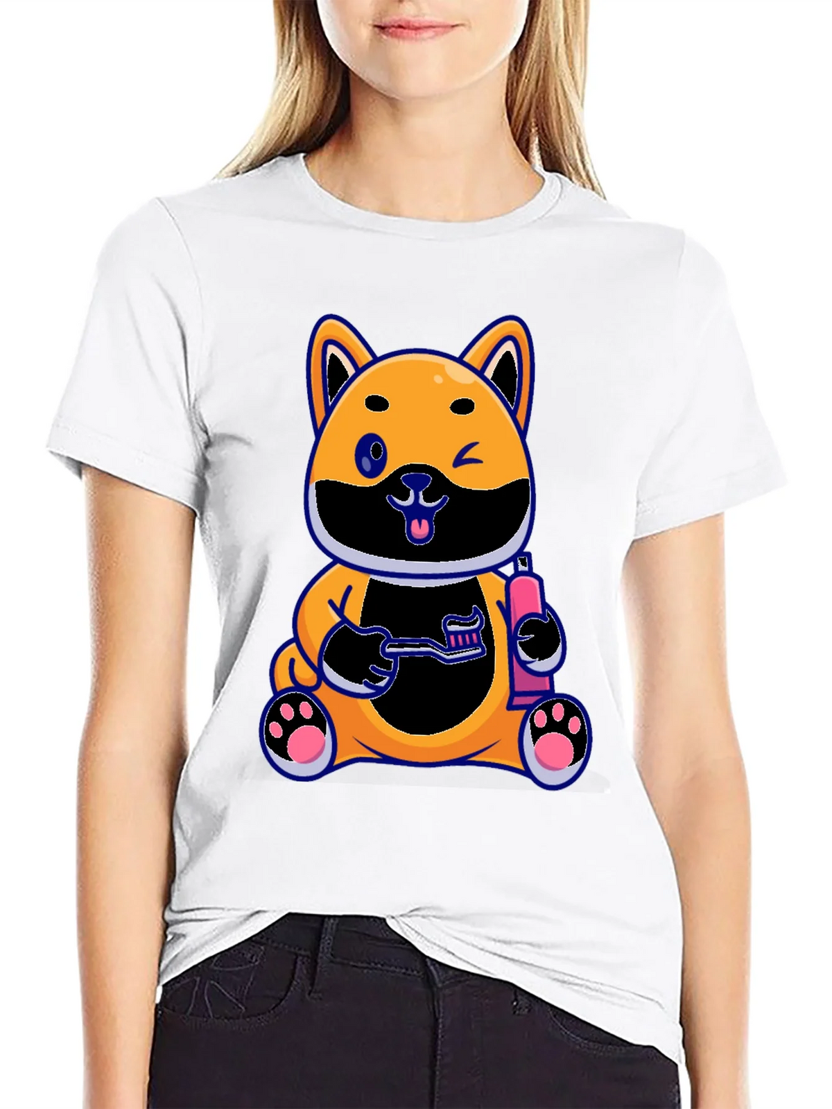 Cute Dog with Toothbrush Graphic Black T-Shirt product image 8