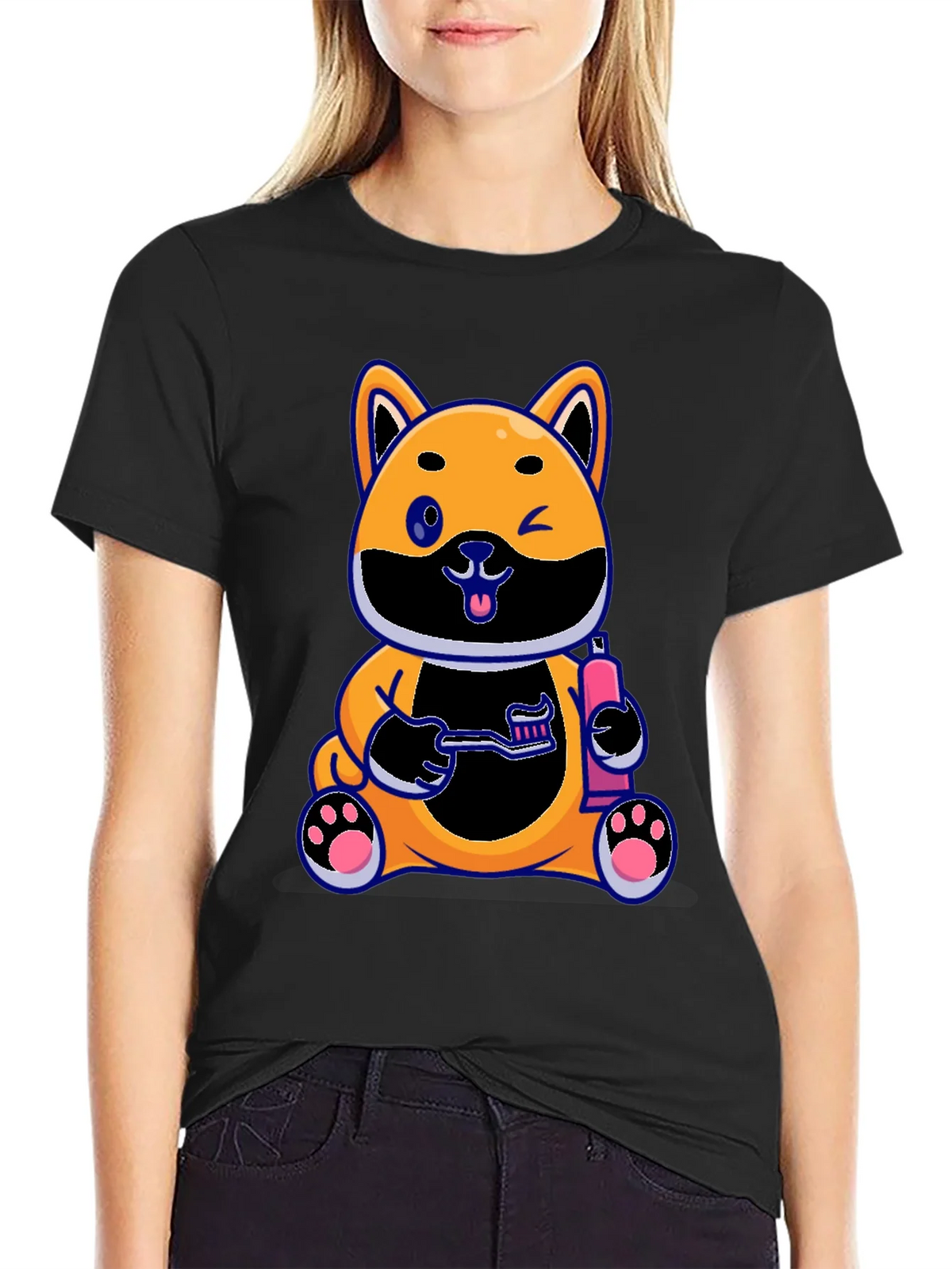 Cute Dog with Toothbrush Graphic Black T-Shirt product image 2
