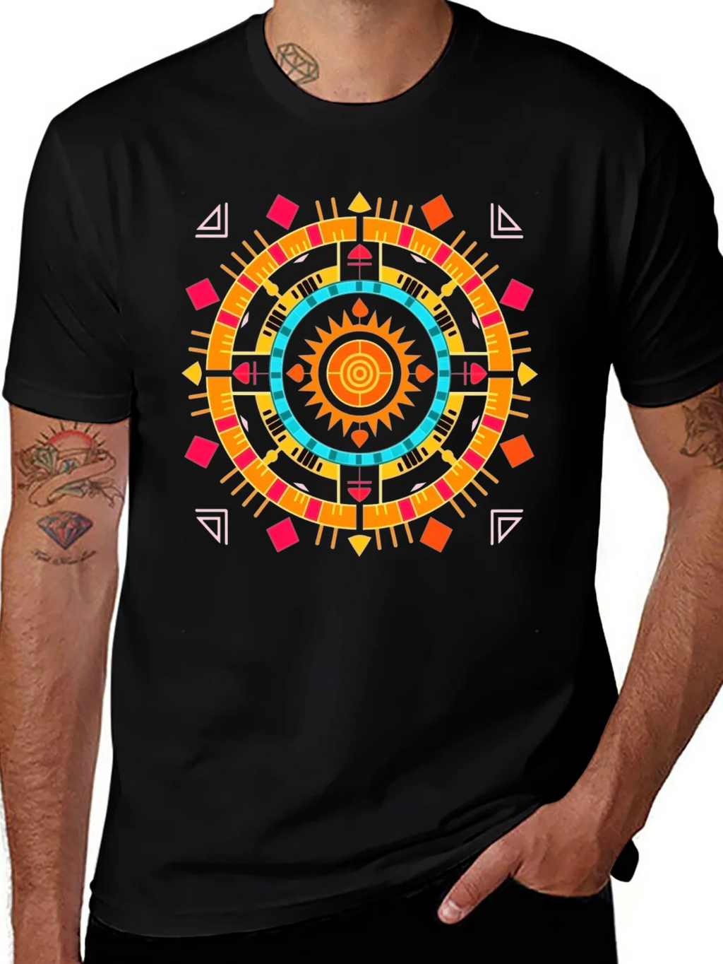 Geometric Aztec Print Tee - Stylish Black Cotton T-Shirt product image 1
