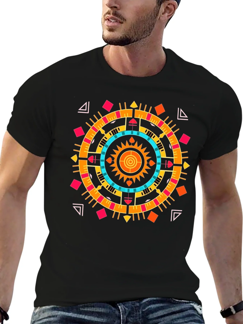 Geometric Aztec Print Tee - Stylish Black Cotton T-Shirt product image 6