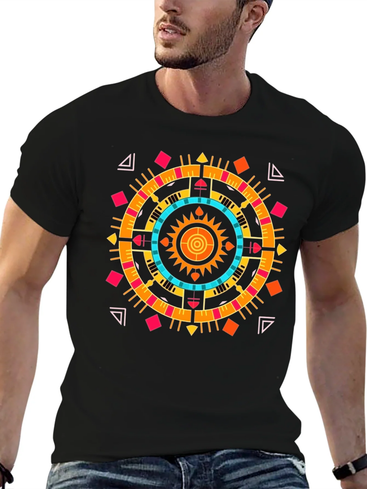 Geometric Aztec Print Tee - Stylish Black Cotton T-Shirt product image 6