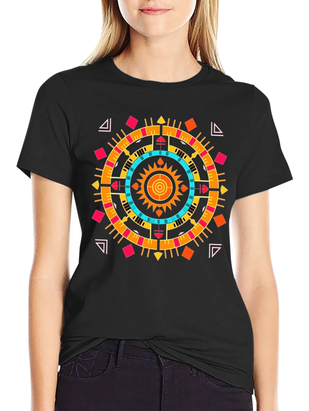 Geometric Aztec Print Tee - Stylish Black Cotton T-Shirt product image 2